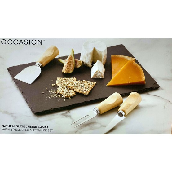 Cheese Board Set, Rectangular Slate with 3 Wooden Handle Knives