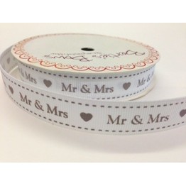 Wedding Ribbon 16mm "Mr & Mrs" Grey on White