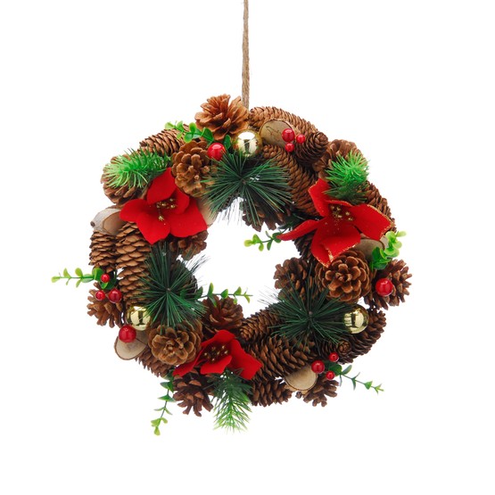 Festive Red Pine Cones & Poinsettia Wreath 30cm P041598