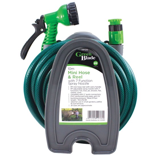 Greenblade Mini Hose & Reel with 7 function Spray Nozzle HP120