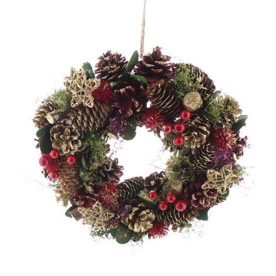 Festive Red Berry and Gold Cone Wreath in box 30cm P036990