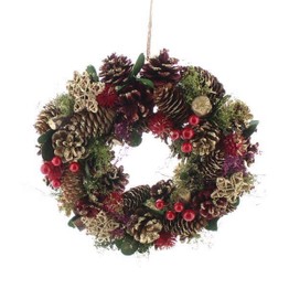 Festive Red Berry and Gold Cone Wreath in box 30cm P036990
