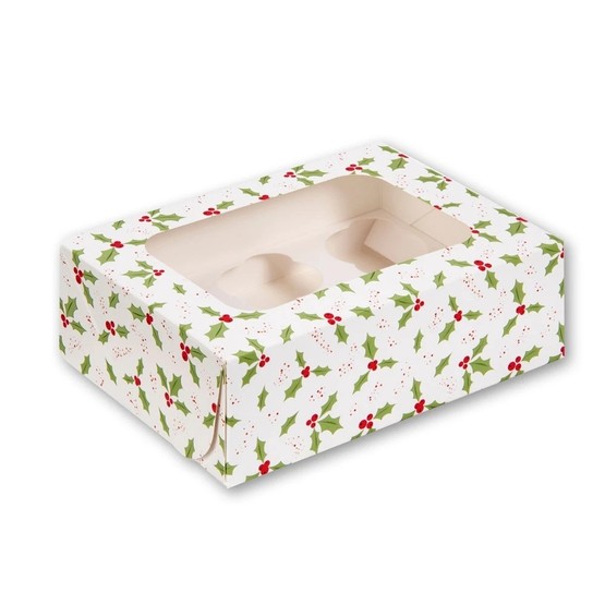 Christmas Holly Cupcake Box for 6 with Window J071