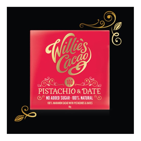 Willies Cacao No Added Sugar Pistachio & Date Chocolate Bar 50g