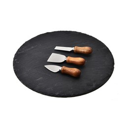 Slate Round Cheeseboard & 3pc Knife Set