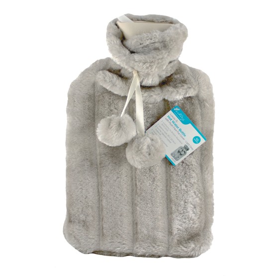 Hot Water Bottle with Plush Faux Fur Cover Light Grey