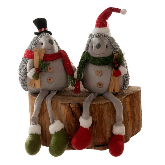Festive Sitting Dangly Legs Hedgehog with Skis 58cm P025379