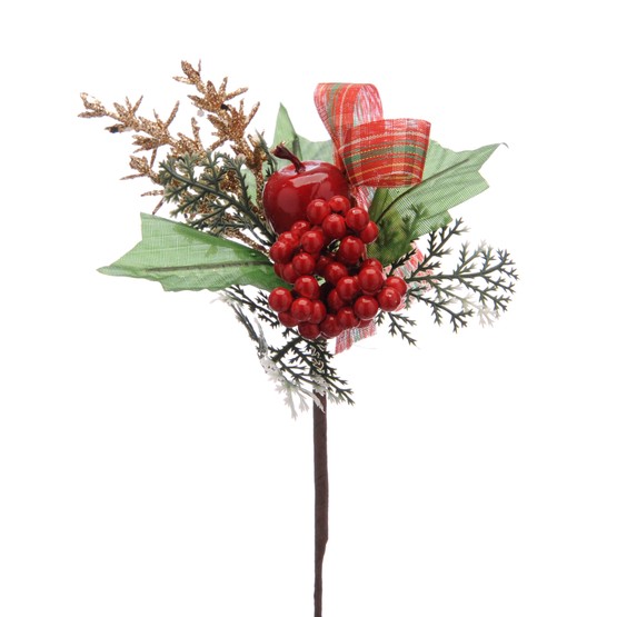 Festive Red Berries & Tartan Bow Pick 16cm P039231