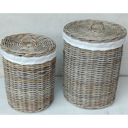 Grey Rattan Round Lined Laundry Basket