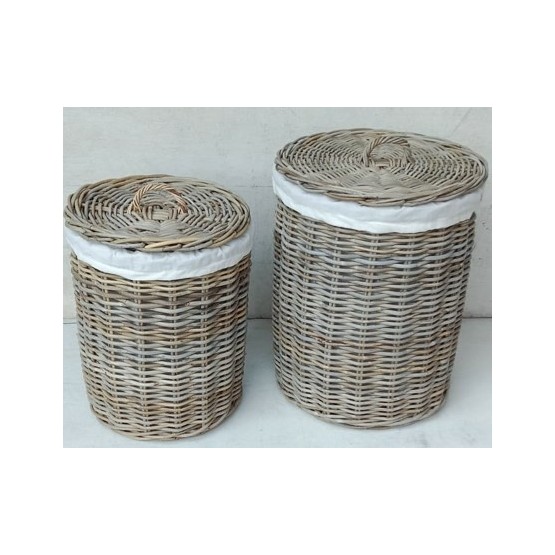 Grey Rattan Round Lined Laundry Basket
