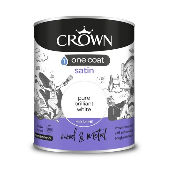 Crown One Coat Satin White Paint 750ml