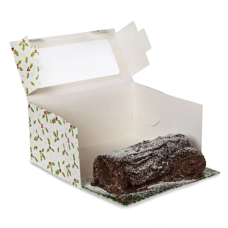 Boîte à Bûche De Noël Motif Houx - 12,5x25,5cm - Présentation Gâteau Festif - Fenêtre Transparente