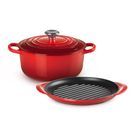 Le Creuset Cast Iron 2-Piece Set  - Signature Round Casserole 22cm &amp; Round Grill 25cm Cerise with Free Silicone Handle Grips additional 1