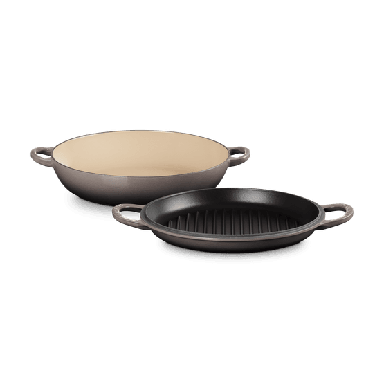 Le Creuset Flint Shallow Casserole 30cm with Reversible Grill Lid with Free Silicone Handle Grips