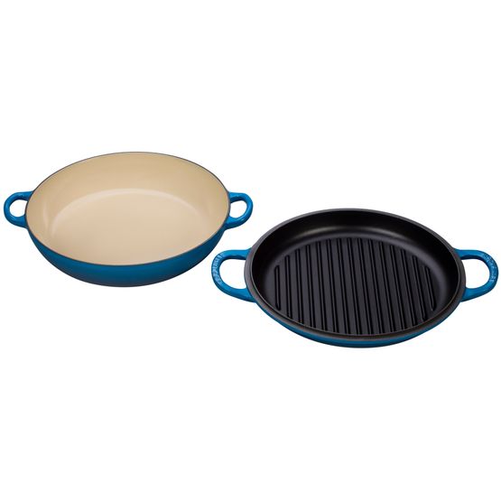 Le Creuset Marseille Blue Shallow Casserole 30cm with Reversible Grill Lid with Free Silicone Handle Grips