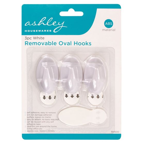 Ashley Housewares White Removable Oval Hooks 3pc BB-RH500