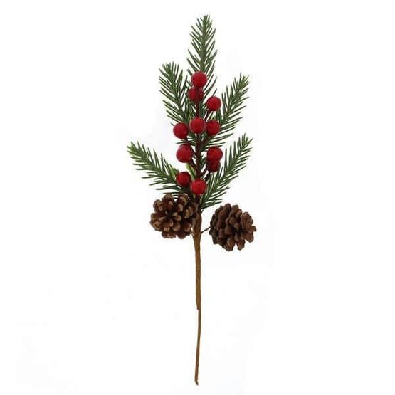 Festive Dark Green Foliage with Red Berries &amp; Pinecones Pick 20cm P056491