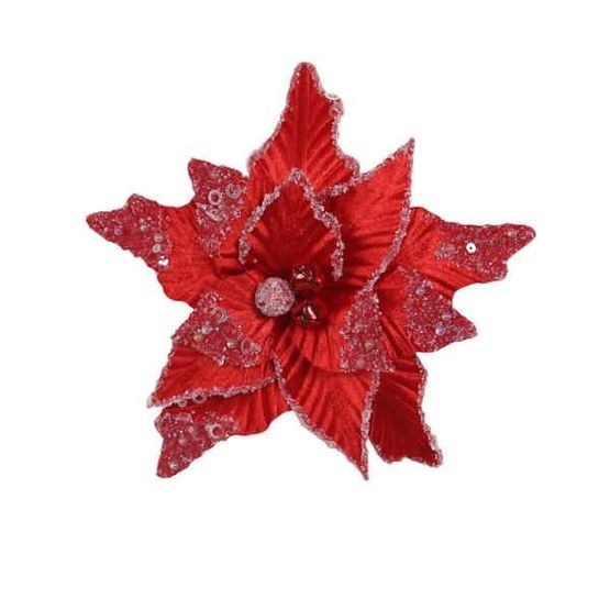 Festive Red Sequin Poinsettia Pick with Berries 20cm P056013
