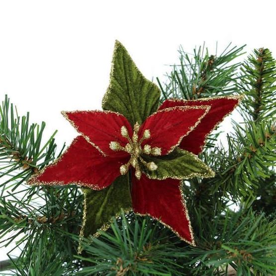 Festive Poinsettia Red Green Velvet Pick 16cm P050119