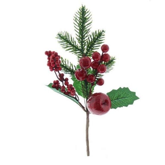 Festive Red Berry and Apple Green Leaf Pick 29cm P045316