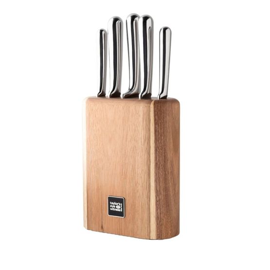 Taylors Eye Witness Dunbar Five Piece Mirror Polished Knife &amp; Acacia Wood Block Set BH05203