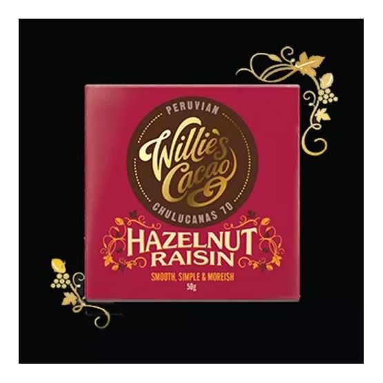 Willies Cacao Hazelnut &amp; Raisin Dark Chocolate Bar 50g